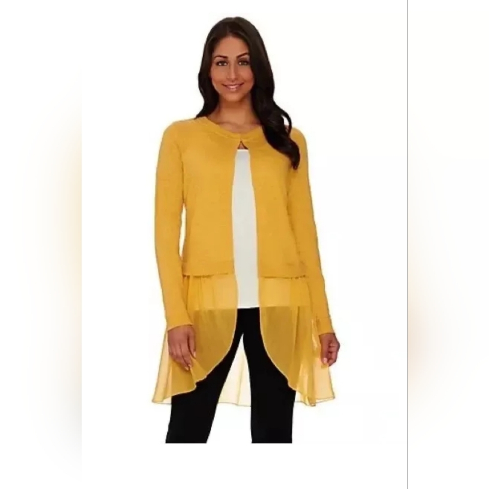 LOGO by Lori Goldstein Slub Knit cardigan Chiffon Trim Yellow Fall Top  XL